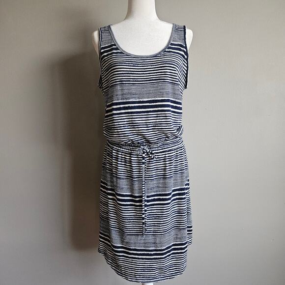 Eddie Bauer Outdoor Dress Large Striped Blue White Tank Drawstring Waist Pockets - Picture 1 of 10